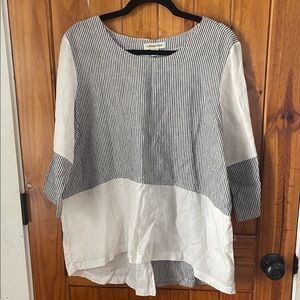 Coldwater Creek Petite Large striped linen tunic top grey white 3/4 sleeves